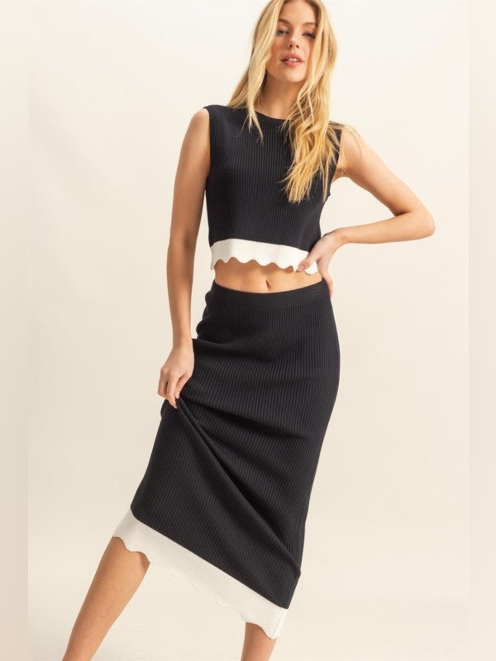 MABLE Black Ribbed Knit Midi Skirt and tank Set with White Scallop Hem